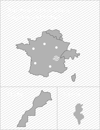 Carte des actions Awitech en France, Maroc, Tunisie, Belgique, Suisse et Luxembourg